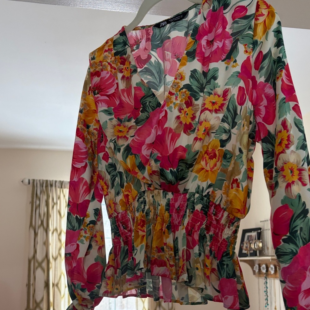 Zara Pink & Yellow Floral V-Neck Smocked-Waist Blouse